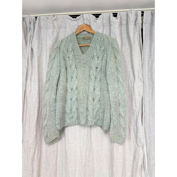 Pamella Sweaters - Pamella Hand Knit Mohair Blend Cable Knit V-Neck Sweater Sage Green Womens